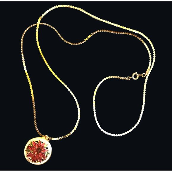 Heavy HMK Signed Cloisonné Poinsettia Pendant Necklace On 26" Chain - Picture 1 of 9